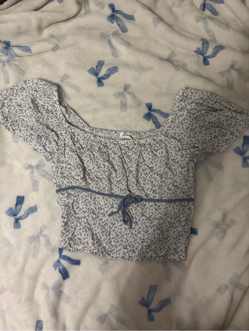 Sienna Sky Blue & White Floral Puff-Sleeve Crop Top
